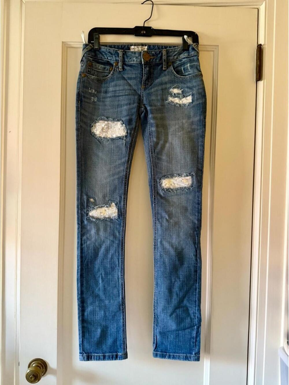Vintage Free People distressed straight leg jeans with sequin patches 26